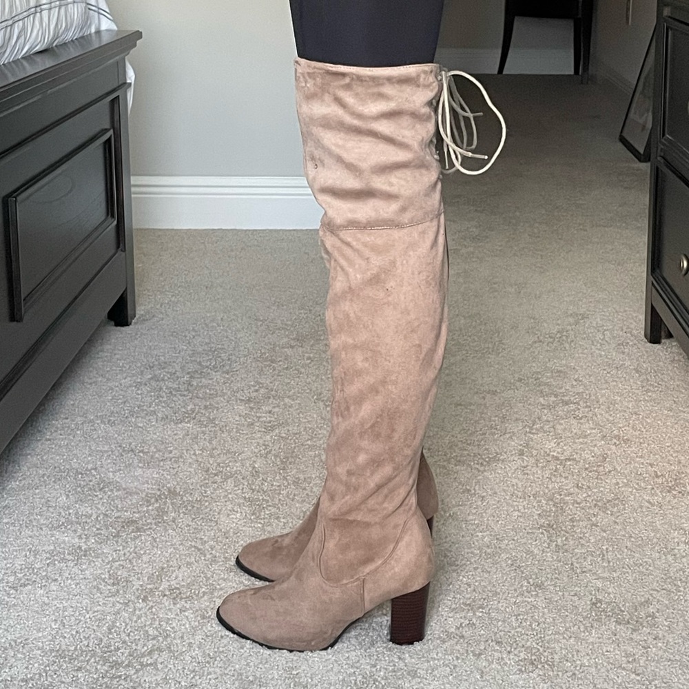 Qupid Taupe Over-the-Knee Suede Block Heel Boots - Picture 2 of 11